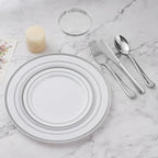 BESTVIP 300PCS Plastic Dinnerware Set (50 Guests), Silver Disposable Plates for Party, Wedding, Christmas, Anniversary, Includes: Dinner Plates, Dessert Plates, Cups, Spoons, Forks and Knives