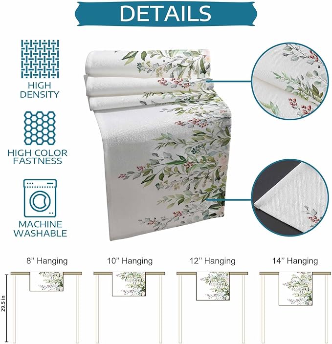 Botanical Eucalyptus Cotton Linen Table Runner for Dining Kitchen, Wedding Outdoor Party Tablerunners Decoration, Sage Green Leaves Elegant Floral Dresser Scarf Coffee Tablecloth Runners 13x72 Inches