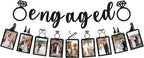Pre-Strung Engaged Photo Banner - Black Glitter Engagement Party Decoration Supplies with Romantic Memories Picture Card Frames for Bachelorette, Bridal Shower, Wedding Party Photo Booth Props