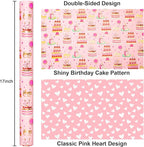 Yarcony Girls Birthday Wrapping Paper Roll, Pink Gift Wrapping Paper,Metallic Foil Pink Cartoon-Style Birthday Cakes Gift Wrap for Kid Party,Baby Shower,Wedding, Holiday,Christmas(17 Inch X 33 Feet)