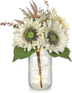 Silk Sunflowers Artificial Flowers with Mason Jar Centerpiece for Table White Fall Flowers in Vase Small Fall Floral Arrangement with Vase Thanksgiving Centerpiece for Dining Room Table Autumn Decor
