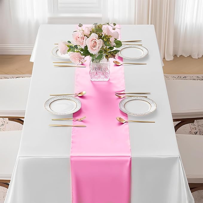 SHEJIZE 2 Pack Pink Satin Table Runner 12x108 Inches Long, Bright Silky Smooth Satin Table Runner Table Decor for Wedding Banquet Christmas Prom Event Birthday Party