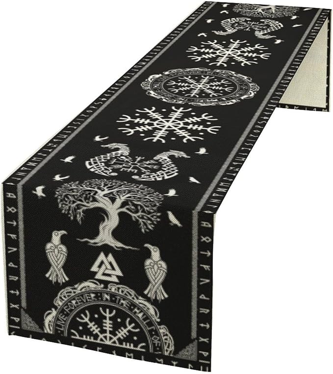 Ancient Abstract Pattern Table Runner, Tree of Life Eagle Dragon Boat Rudder Black and White Table Runner 13x60 Inch