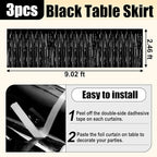 3 Pack 29x108 Inch Black Foil Fringe Table Skirts Metallic Banner for Tinsel Streamer Garland Backdrop for Parade Floats Wedding Thanksgiving Birthday Christmas Halloween Party Decoration
