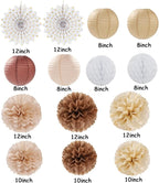 Boho Baby-Shower Party-Decorations Streamers-Lanterns - 14pcs White Brown Champagne Neutral Birthday Wedding Bridal Paper Fan,Tissue Pom Poms,Honeycomb Balls,Engagement Fall Christmas Decor Ouruola