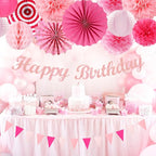 Rose Hot-Pink Party Decorations - 20pcs Paper Lanterns Fans,Tissue Pom Poms,Honeycomb Balls,Bunting,Birthday Wedding Bachelorette Baby Shower Bridal Graduation Engagement Decor Burgleda