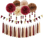 Boho Baby-Shower Burgundy-Brown Champagne Party-Decorations - 28pcs Neutral Birthday Rustic Wedding Bridal Tissue Pom Poms Streamers, Fall Autumn Tassel Garland Banner, Engagement Decor Ouruola