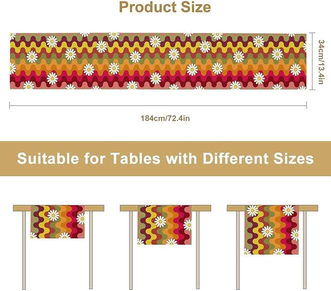 Vintage Floral Table Runner,60s 70s Colorful Retro Abstract Hippie Print Table Runner for Kitchen Dining Table Home Party Decoration 13x120 Inch
