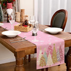 GEEORY Christmas Table Runner 13x108 Inch, Xmas Trees Snowflakes Holiday Decorative Farmhouse Table Decoration for Kitchen Dinning, Indoor Outdoor Dinner Party Decor (Pink) GT153-108