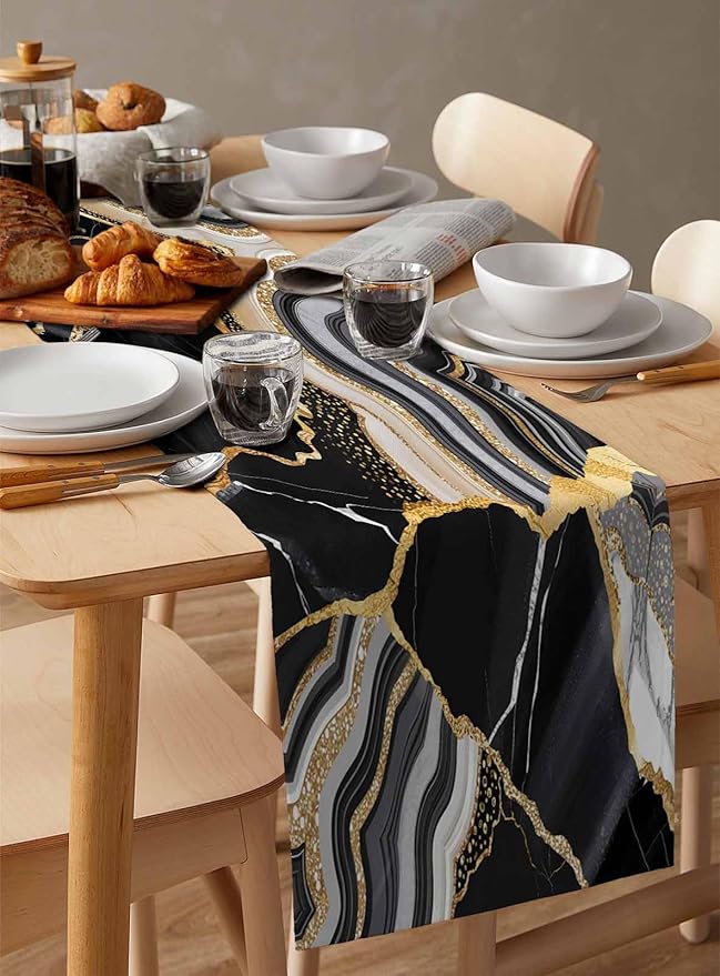 Geometric Black Marble Cotton Linen Table Runner for Dining Kitchen, Wedding Outdoor Party Tablerunners Decoration, Farm Marble Liquid Ripple Abstract Dresser Scarf Coffee Tablecloth Runners 13''x36''