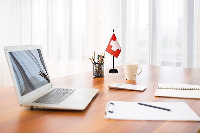 Switzerland Swiss Deluxe Desk Flag Set Small Mini Miniature Switzerland Swiss Table Desktop Flags With Solid Pole, Black Base and Spear Top(2 Pack)