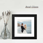 8x8 Picture Frames Set of 4 with High Definition Real Glass, Black Frames Display 6x6 Picture with Mat or 8x8 Without Mat, Wood Square 8 x 8 Photo Frame for Wall Mount and Tabletop Display