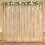 10ft x 7ft Champagne Chiffon Backdrop Curtain with Lights String for Parites Wedding Wrinkle Free Curtain Photo Backdrops Drapes for Baby Shower Birthday Party Home Decorations