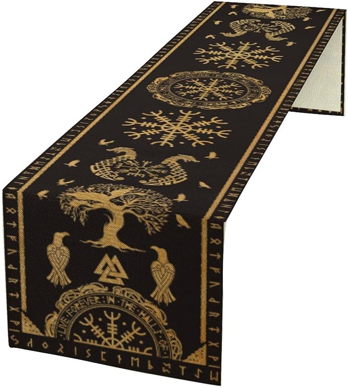 Viking Tree of Life Abstract Table Runner for Living Room Home Party Coffee Dining Party Wedding Golden Black Celtic Style Geometric Dragon Boat Rudder Ancient Script Table Runner 13x60 Inch