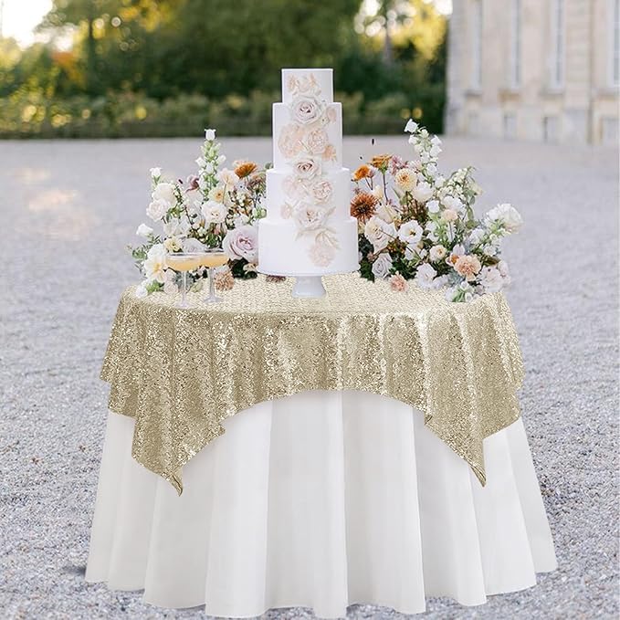 Square Champagne Sequin Tablecloth- 50x50 inch, Seamless Sparkle and Glitter Party Table Cloth, Shiny&Elegant Table Overlays for Wedding Birthday Ceremony Prom Decorations