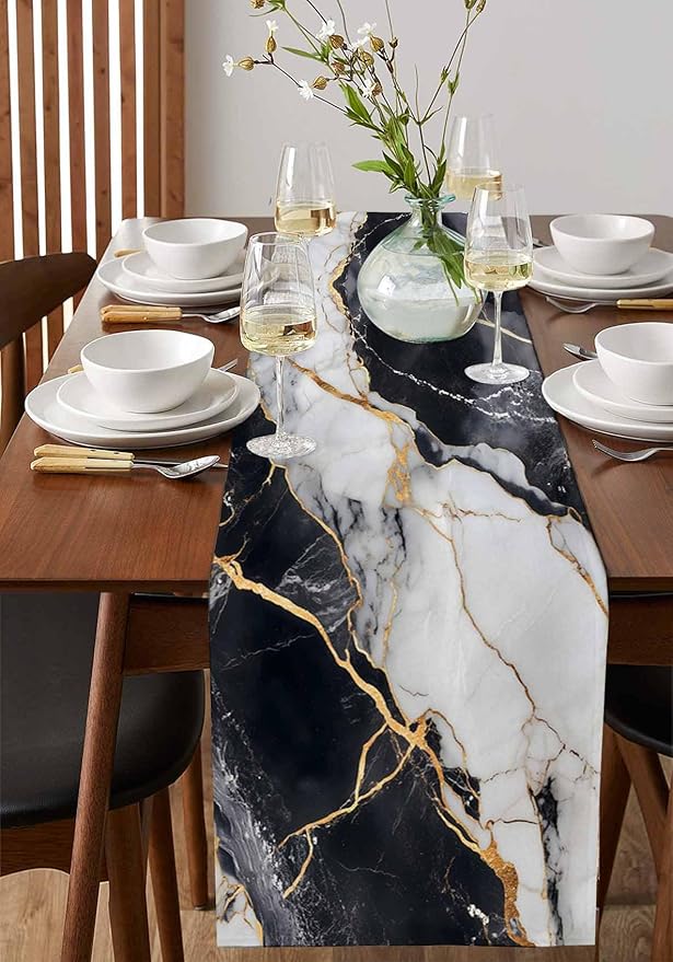 Black White Marble Cotton Linen Table Runner for Dining Kitchen, Wedding Outdoor Party Tablerunners Decoration, Nature Marble Crack Modern Art Dresser Scarf Coffee Tablecloth Runners 13x48 Inches