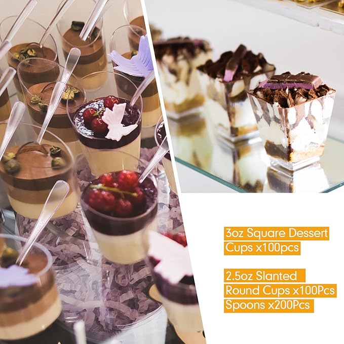 Nuogo 200 Pcs Mini Dessert Cups with Spoons Include 3 oz Square Plastic Appetizer Cups 2.5 oz Slanted Round Parfait Shooter Cup Small Clear Mousse Pudding Cup for Wedding Baby Shower Birthday Party