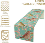 Table Runner with Flowers and Birds, Spring Plant Flowers Table Decoration Linen Table Runner Family Party Party Decorations 13x90 Inches