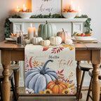 Thanksgiving Fall Cotton Linen Table Runner for Dining Kitchen, Blue Pumpkins Rustic Wedding Outdoor Party Autumn Tablerunners Decoration, Leaves Dresser Scarf Coffee Tablecloth Runners 13x36 Inches