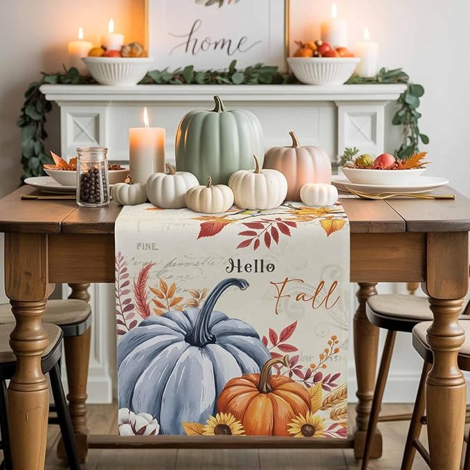 Thanksgiving Fall Cotton Linen Table Runner for Dining Kitchen, Blue Pumpkins Rustic Wedding Outdoor Party Autumn Tablerunners Decoration, Leaves Dresser Scarf Coffee Tablecloth Runners 13x120 Inches