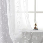 VISIONTEX White Leaves Sheer Voile Curtains, Decorative Embroidery Rod Pocket Window Drapes for Home Living Room and Bedroom 54 x 84 Inch, Set of 2 Curtain Panels