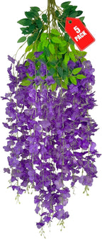 5 Pack Purple Wisteria Hanging Flowers, 3.44 Ft Fake Hanging Flowers, Artificial Wisteria Garland Vines for Wedding Room Backdrop Outdoor Patio Garden Decoration