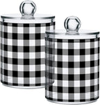Gredecor Qtip Holder Dispenser 4 Pack Black White Classic Buffalo Plaid Apothecary Jars with Lids Bathroom Vanity Countertop Canister Storage Organizer for Cotton Ball,Swabs,Pads,Floss