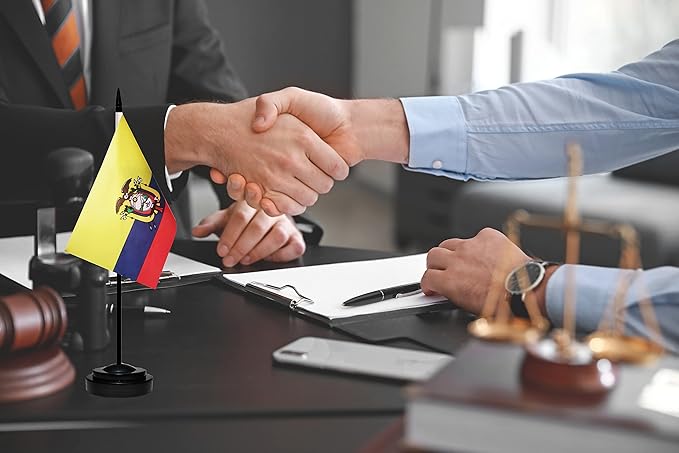 Ecuador Ecuadorian Deluxe Desk Flag Set Small Mini Miniature Ecuador Ecuadorian Table Desktop Flags With Solid Pole, Black Base and Spear Top(2 Pack)