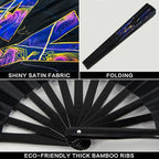 UV Glow Rave Fan, Bamboo Folding Clack Hand Fans Foldable for Men Women, Boots on the Ground Poping Fan for EDM Festival Line Dance Decoration, (Slay, Large 13")