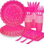 175Pcs Pink Party Supplies, Hot Pink Paper Plates and Napkins Include Scalloped Plates Napkins Cups Plastic Cutlery Set for Bridal Shower Girl Birthday