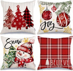 GEEORY Winter Christmas Throw Pillow Covers 18 x 18 Inch Set of 4, Xmas Trees Snowflake Snowman Joy Holiday Farmhouse Decorative Cushion Cases for Home Decoration G583-18
