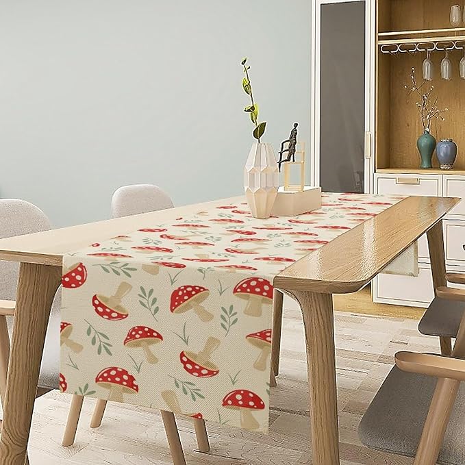 Mushroom Table Runner,Vintage Plant Print Table Runner for Kitchen Dining Table Home Party Decoration 13x72 Inch