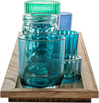 Creative Co-Op Wood Tray with 9 Blue & Green Glass Votive Holders