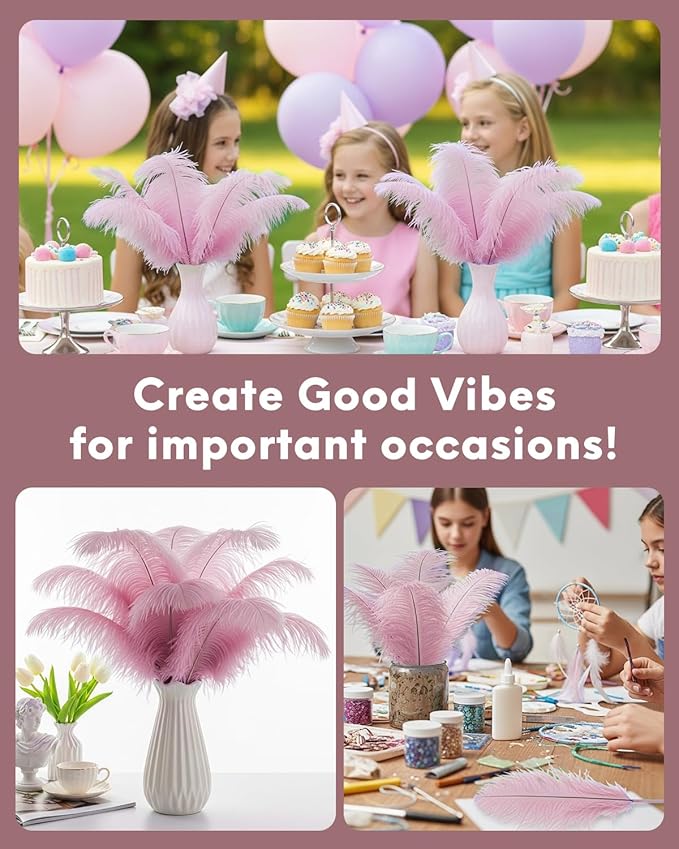 NEWONG 30pcs Peony Pink Green Ostrich Feathers Natural Bulk 11-14inch(28-35cm) Vase Craft Wedding Home Party Centerpieces Christmas Day Decoration