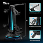 Saitake RGB Headset Stand with 9 Light Modes,Controller Holder for Desk with 2 USB Charging Ports,Suitable for All Headphones and Controllers,Can Simultaneously Place 1 Headset and 4 Controllers