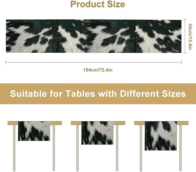 Cow Skin Print Table Runner, Rustic Country Farm Fur Skin Cowhide Pattern Western Style Black White Print Table Runner for Home Kitchen Dinning, 13x60 Inch