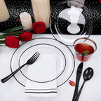 NOCCUR 350PCS Clear and Black Plastic Plates - Disposable Dinnerware Set for 50 Guests Include 100 Dinner/Dessert Plates,150 Black Cutlery,50 Cups&50 Napkins Ideal for Party, Birthday, Halloween