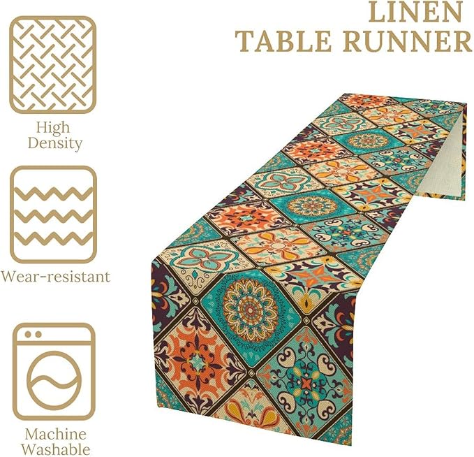 Bohemian Patchwork Table Runnerboho Colorful Tile Patchwork Indian Floral Print Table Runner for Home Kitchen Indoor Outdoor Party Wedding Decor, 13x120inch