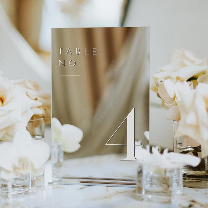 JINMURY Sliver Wedding Table Numbers 1-20 with Stands, 5"x7" Sliver Mirror Acrylic Table Numbers for Wedding Reception (Sliver Mirror White Font, Number 1-20, 5"x7")