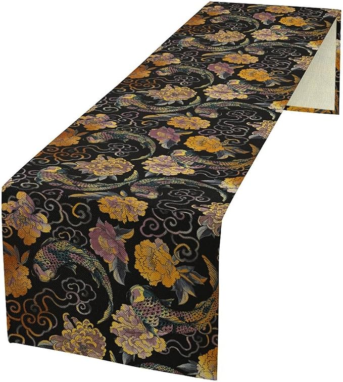 Japanese Table Runner Retro Flowers Oriental Tradition Kio Fish Art Printed Burlap Runner Home Kitchen Dining Table Living Room Decor Fabric 1 Panel W13xL60in