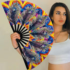 13" Large Rave Fan Bamboo, Folding Clack Hand Fans Foldable for Men Women, Boots on the Ground Poping Fan for EDM Festival Line Dance Decoration, (Peacock, Large 13")