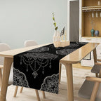 Lotus Flower Table Runner, Bohemian Ethnic Oriental Mandala Black White Floral Print Table Runner for Home Kitchen Dining Indoor Outdoor Dinner Party Decor, 13x70inch
