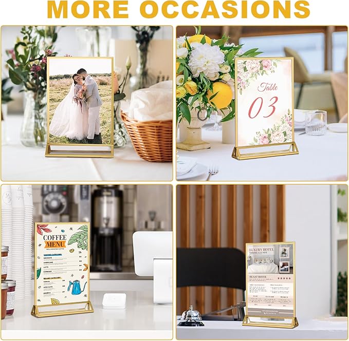 EHWINE 4 Pack Acrylic Sign Holder 8.5 x 11, Double Sided Gold Picture Frame Stand up Table Top Sign Holders, Clear Display Stand Menu Flyer Holder for Wedding Party (Provide Non-slip Mats)