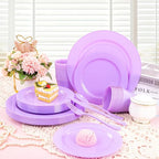 KIRE 150 PCS Purple Plastic Plates - Purple Dinnerware Set Disposable 25 Dinner & 25 Salad Plates 25Forks 25Knives 25Spoons 25Clear Cups for Birthday/Baby Shower