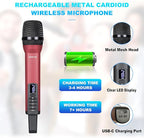 Rechargeable Wireless Microphone, Pro Handheld Cordless Mics System Dynamic with Echo Treble BASS VOL Control for Karaoke Singing Church Party, 1/4'' Output, D240, Red