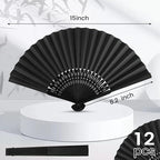 JOHOUSE 12 Packs 8.2 Inch Black Chinese Paper Foldable Hand Fan for Women - Wedding, Bridal Shower, Outdoor Party Favors, DIY Home Decor