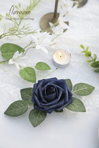 Floroom Artificial Flowers 50pcs Real Looking Navy Blue Foam Fake Roses with Stems for DIY Wedding Bouquets Bridal Shower Centerpieces Floral Arrangements Party Tables Home Decorations