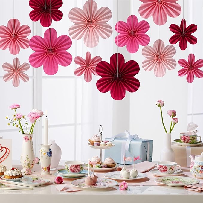 BestoFun 12 PCS Paper Flowers Fans Hot Pink Party Decorations Paper Flowers Decorations for Wall Girl Groovy Birthday Baby Shower Wedding Bachelorette Room Hanging Décor