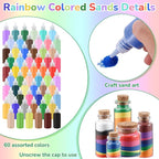 Wettarn 60 Pcs 1.25 oz Sand Art Bottle Kits 60 Colors of Sand and Bottle for Rangoli Art Painting DIY Drawing Favor Diwali Wedding Decoration Vase Glass Crafty Collection (Multicolor)