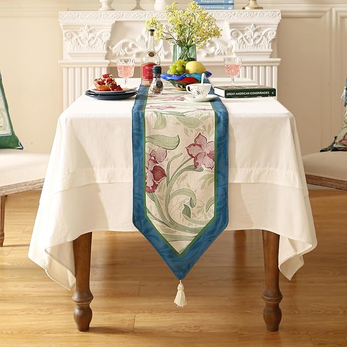 patdrea Designer Elegant Bright Linen Table Runner 87 Inch Long, Mauve Iris Floral Pattern Table Mat, Decoration for Kitchen Dining Table Coffee Table Shelf Cabinet Banquet Christmas ,12"*87"